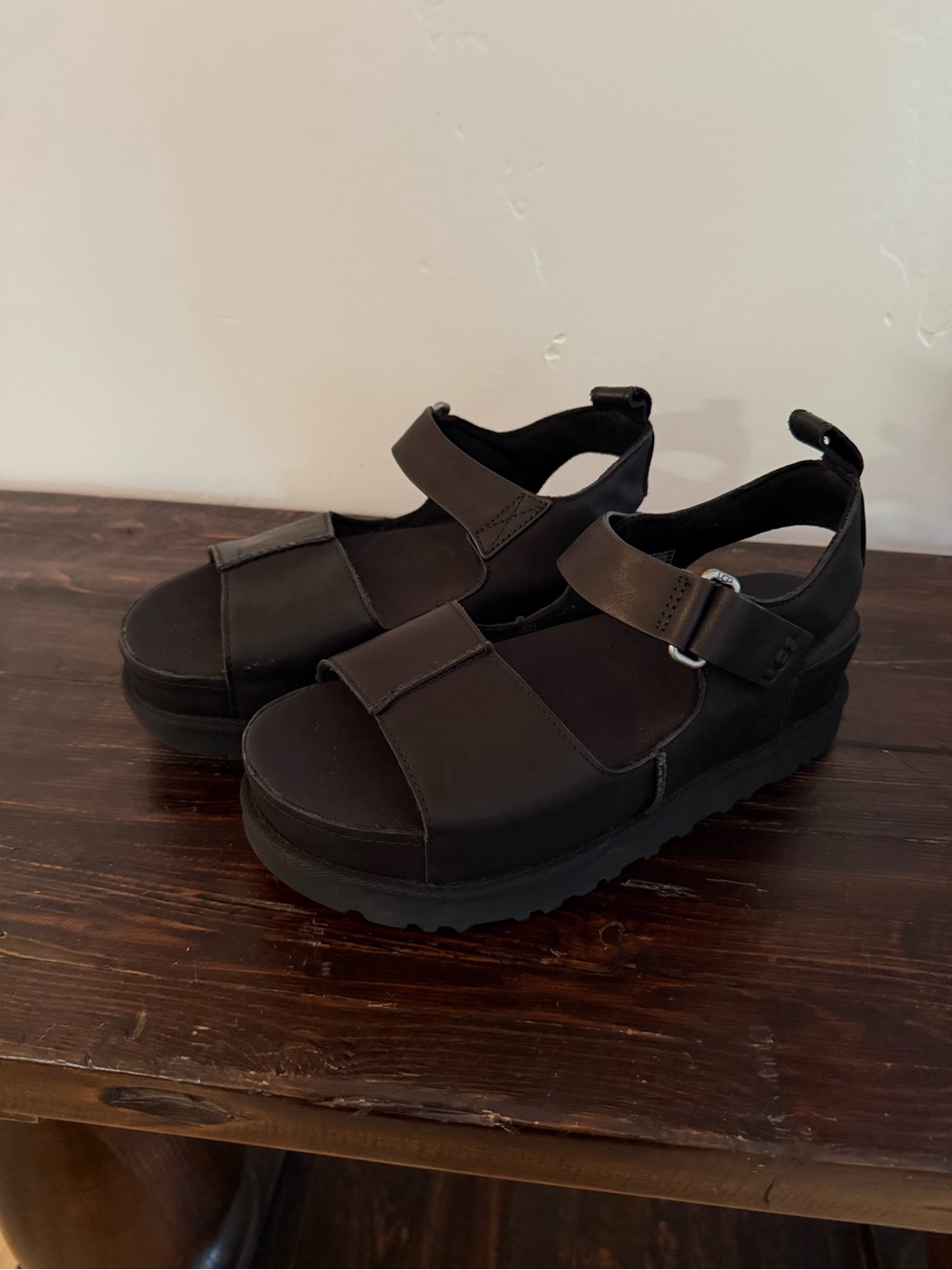 UGG Black Leather Platform Sandals with Buckle Strap - Women